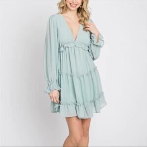 NWT She + Sky Mint Green Chiffon Ruffle Tiered Open Back Maternity Dress